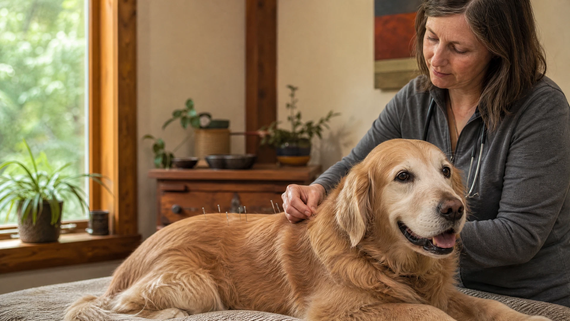 Calm senior dog receiving veterinary acupuncture in a warm, nature-inspired treatment room